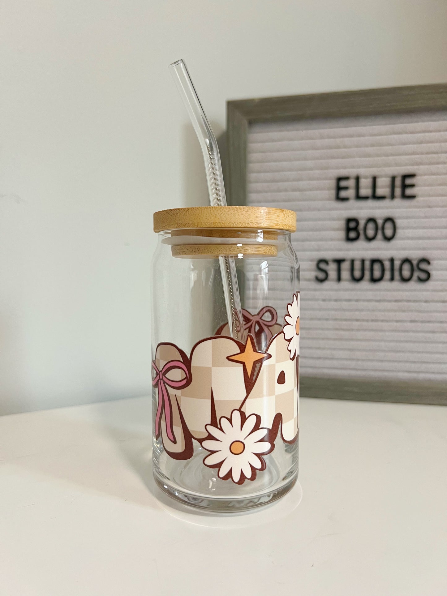 16oz Floral MAMA Glass Can Cup