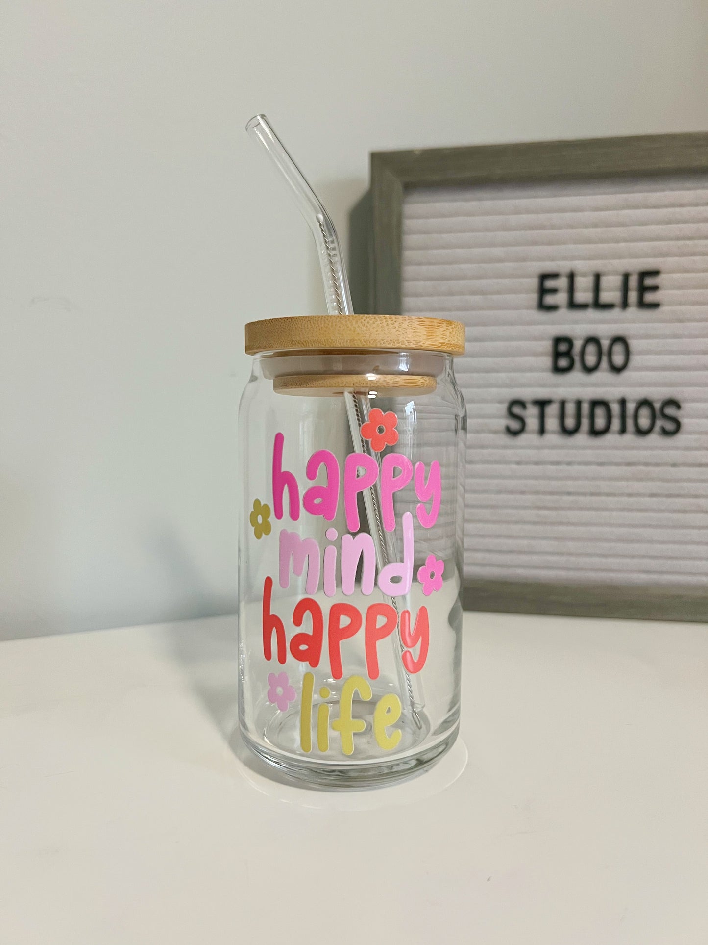 16oz Happy Mind Happy Life Glass Can Cup
