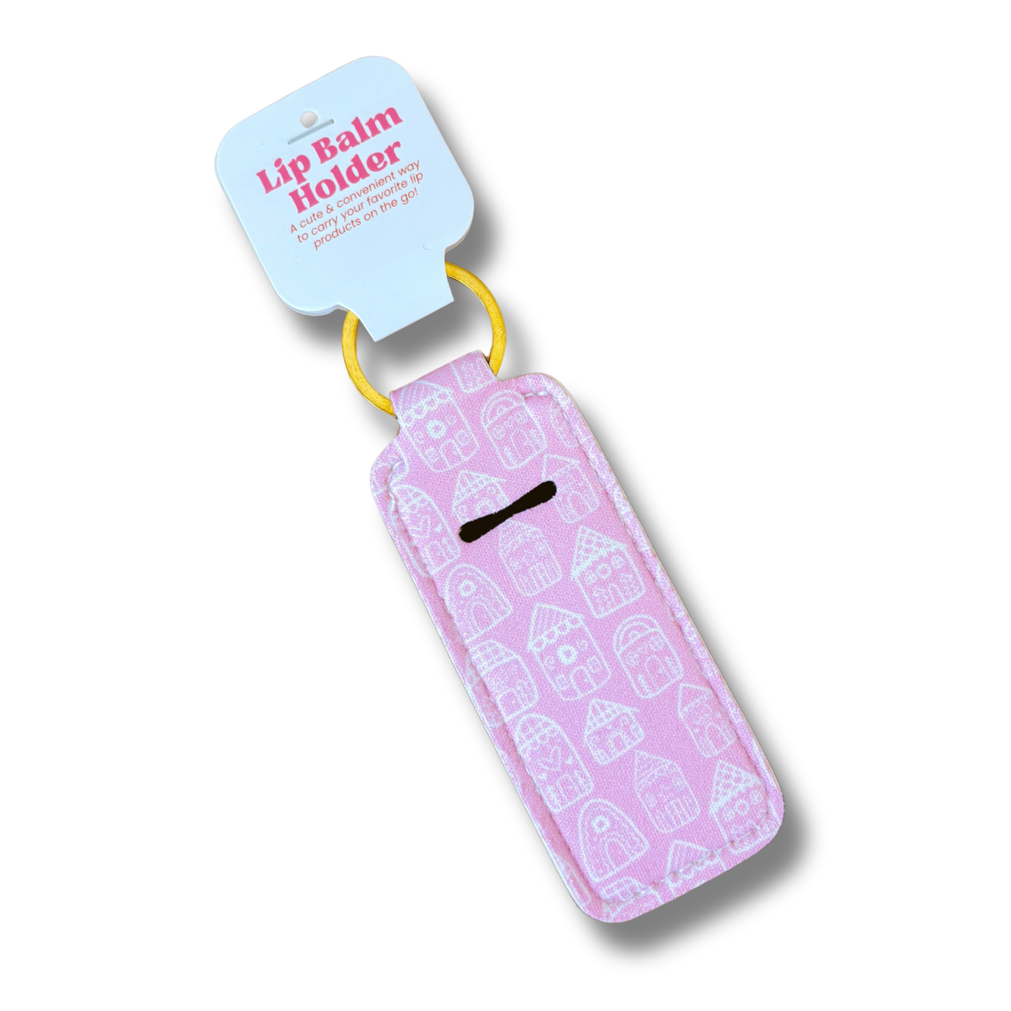 Pink Gingerbread Houses Lip Balm Keychain Holder