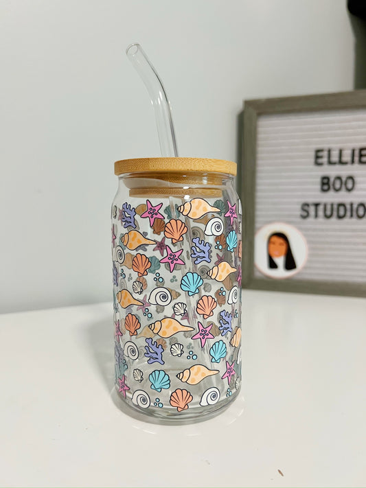 16oz Colorful Tiny Shells Glass Can Cup