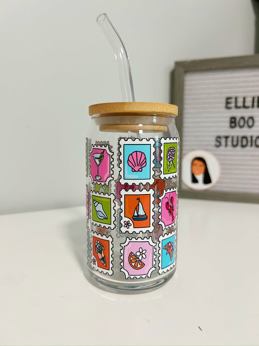 16oz Summer Stamps Glass Can Cup