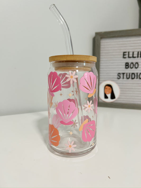 16oz Pink Shells & Flowers Glass Can Cup