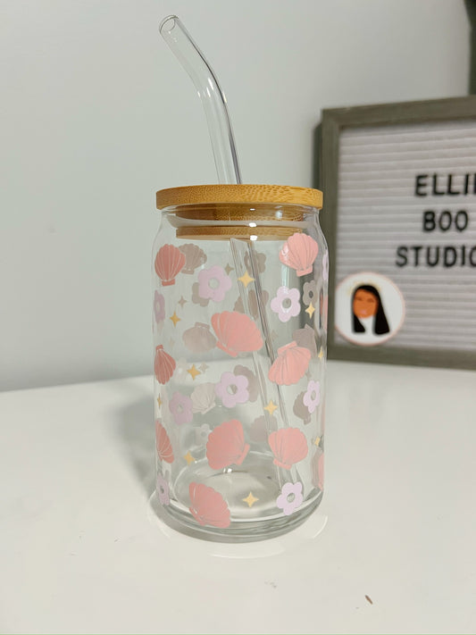 16oz Floral Shell Glass Can Cup