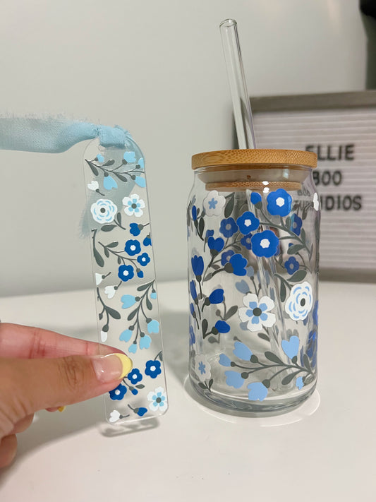 Blue Floral Glass Can Cup & Bookmark Bundle