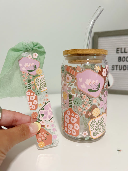 Floral Pickleball Glass Can Cup & Bookmark Bundle
