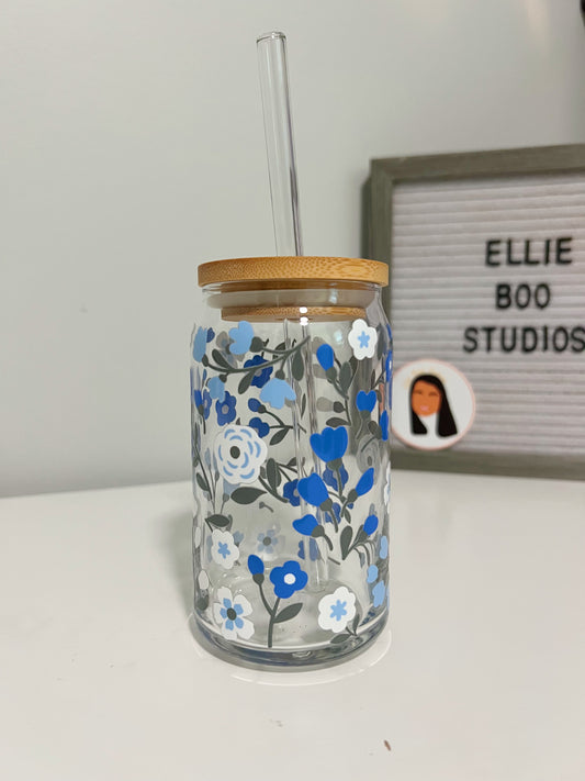 16oz Blue Floral Glass Can Cup