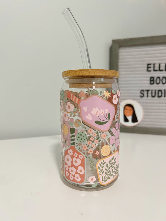 16oz Floral Pickleball Glass Can Cup