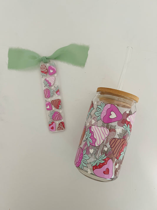 Chocolate Covered Berries Glass Can Cup & Bookmark Bundle