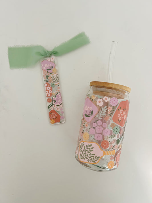 Floral Pickleball Glass Can Cup & Bookmark Bundle