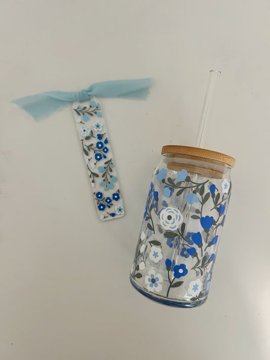 Blue Floral Glass Can Cup & Bookmark Bundle