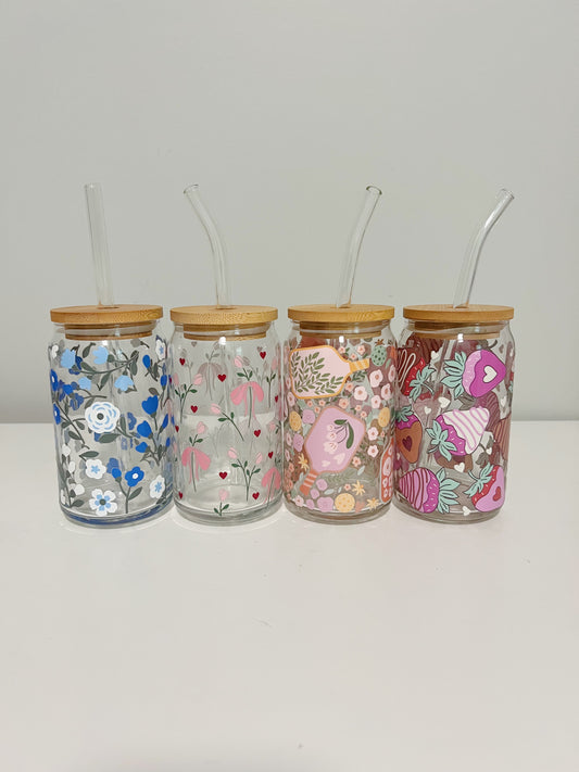 16oz Blue Floral Glass Can Cup