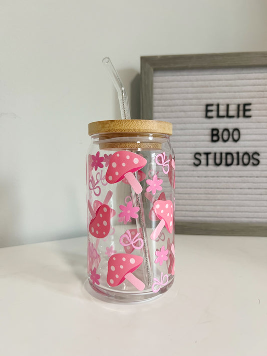16oz Pink Mushrooms Glass Can Cup