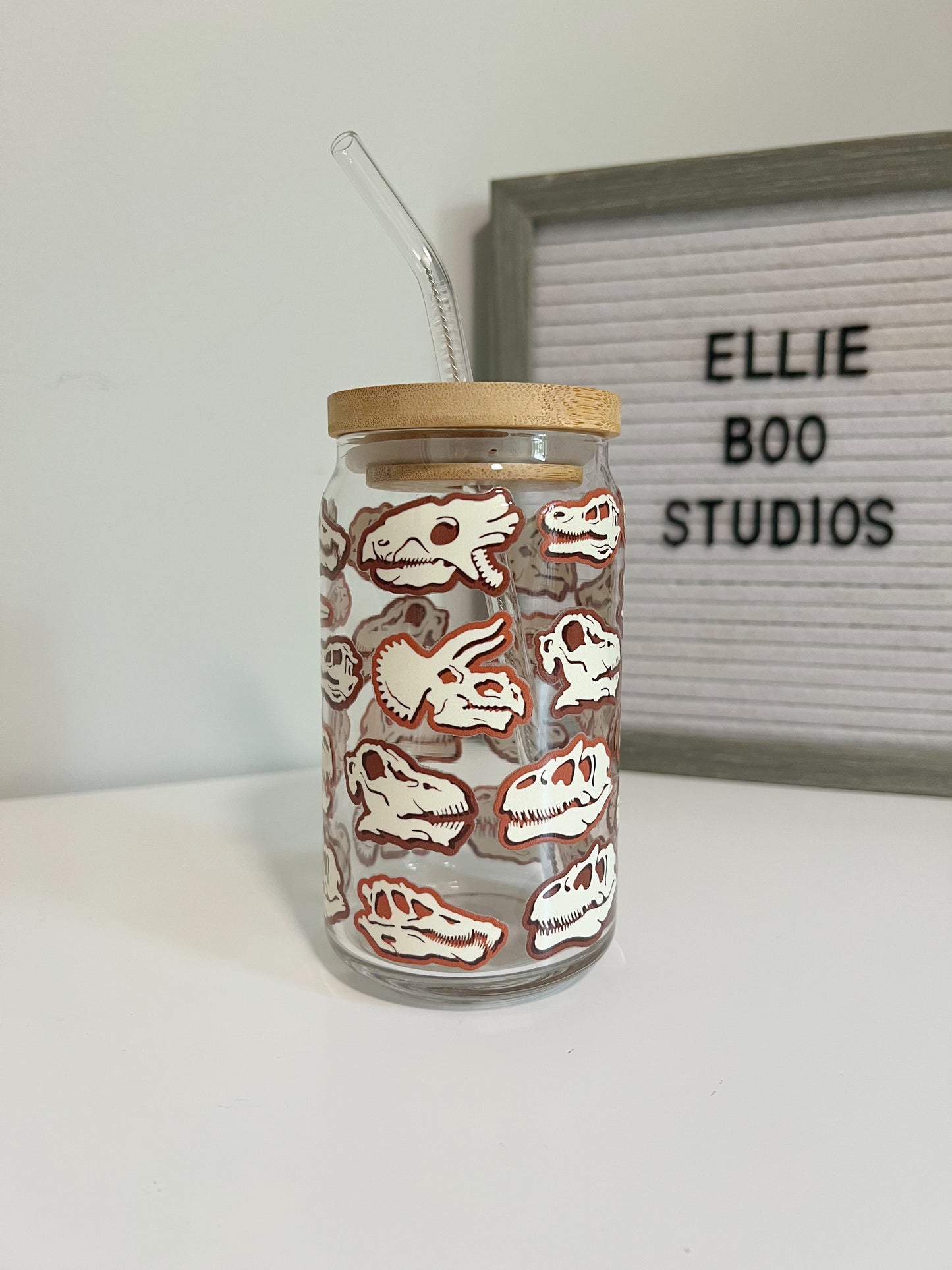 16oz Brown Dinosaurs Glass Can Cup