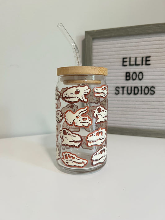 16oz Brown Dinosaurs Glass Can Cup