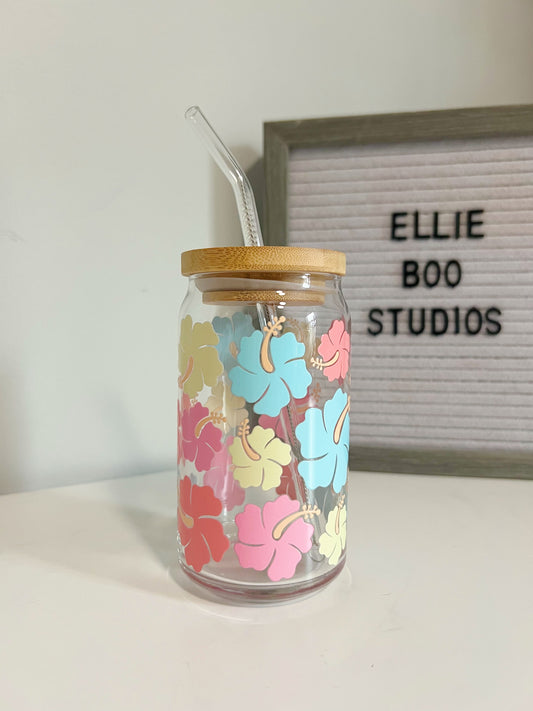 16oz Hawaiian Hibiscus Glass Can Cup