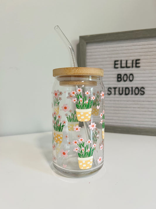 16oz Pink Daisies Glass Can Cup