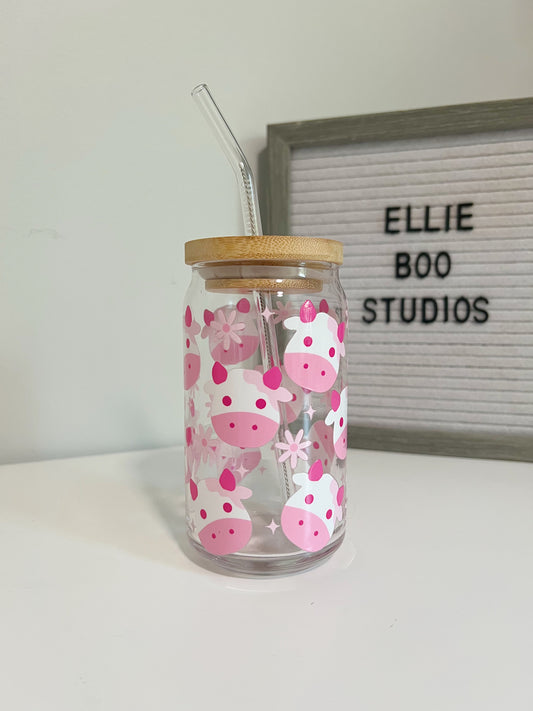 16oz Pink Cows Glass Can Cup