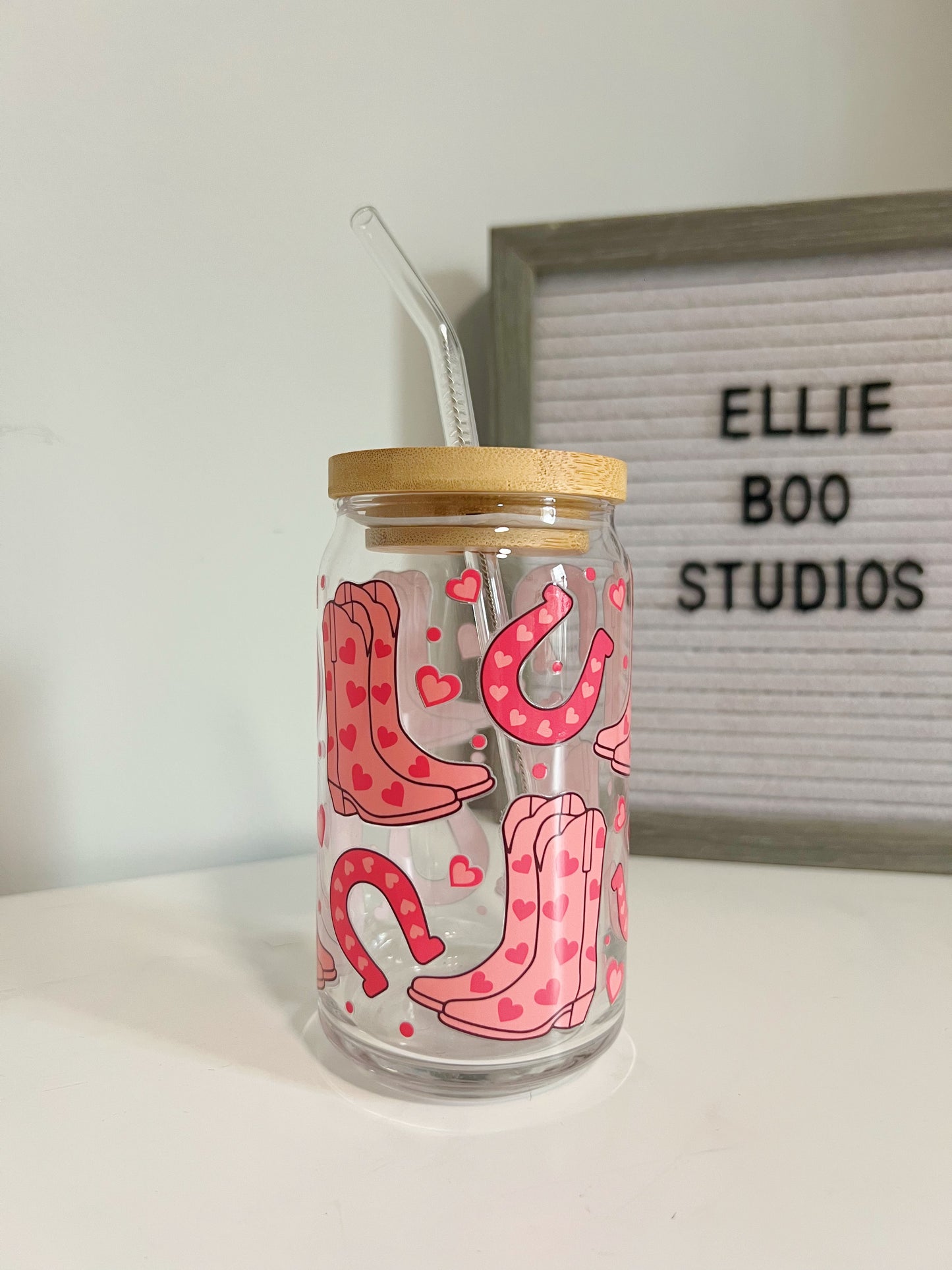 16oz Hearts & Boots Glass Can Cup