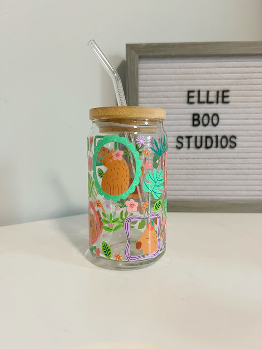 16oz Tropical Capybaras Glass Can Cup