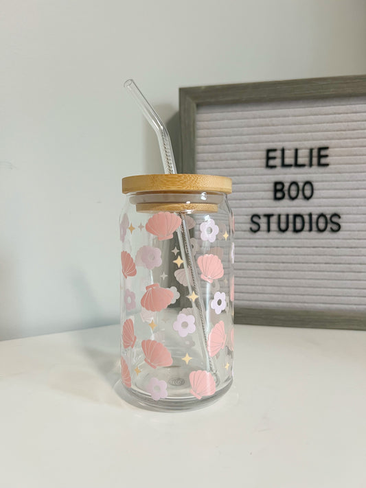 16oz Floral Shell Glass Can Cup