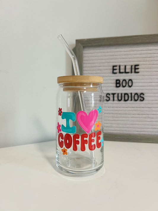 16oz I Heart Coffee Glass Can Cup