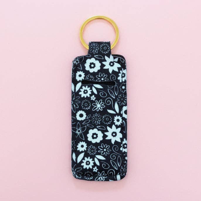 Thankful Florals Black Lip Balm Keychain Holder