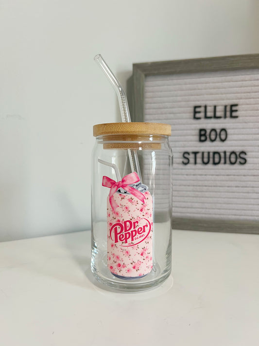 16oz Floral Dr. Pepper Glass Can Cup
