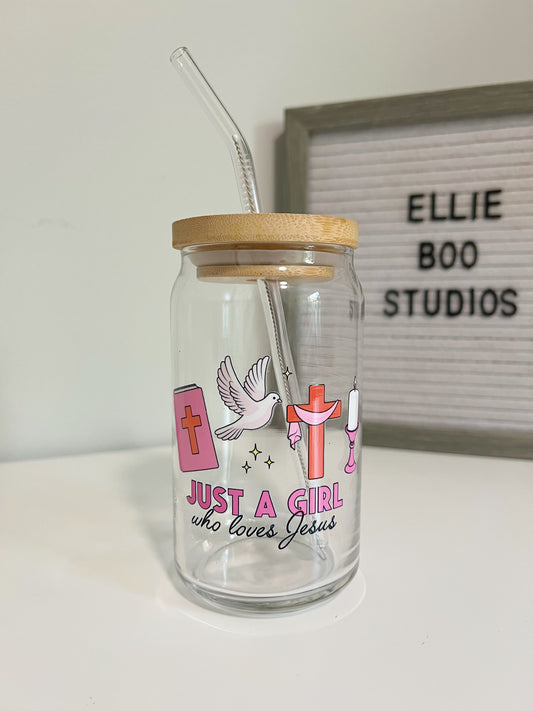 16oz Just a Girl Who Loves Jesus Glass Can Cup