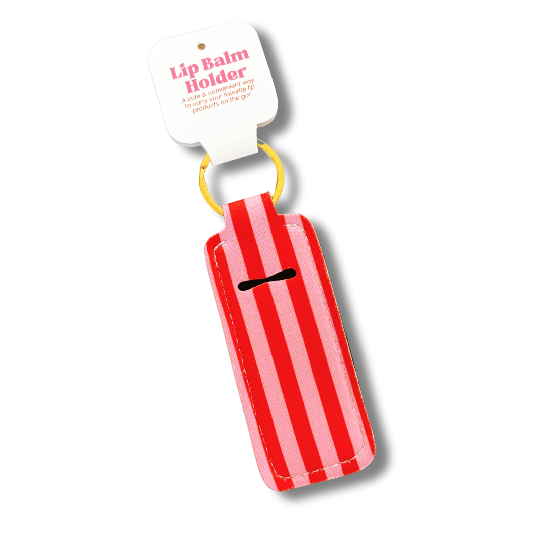 Pink & Red Stripes Lip Balm Keychain Holder