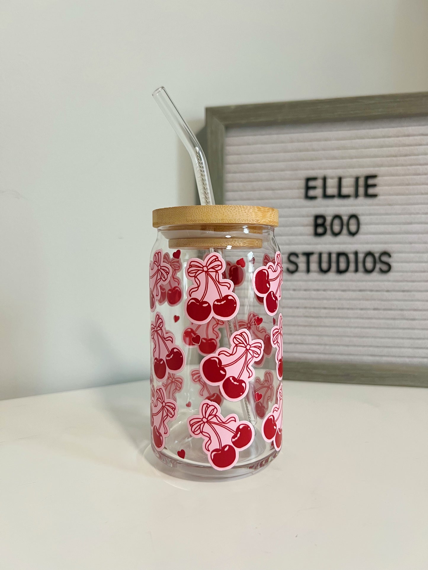 16oz Cherry Bows Glass Can Cup