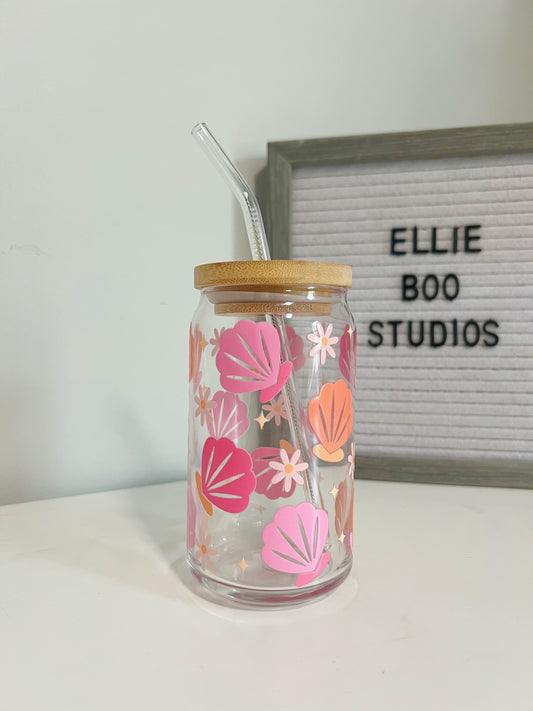 16oz Pink Shells & Flowers Glass Can Cup