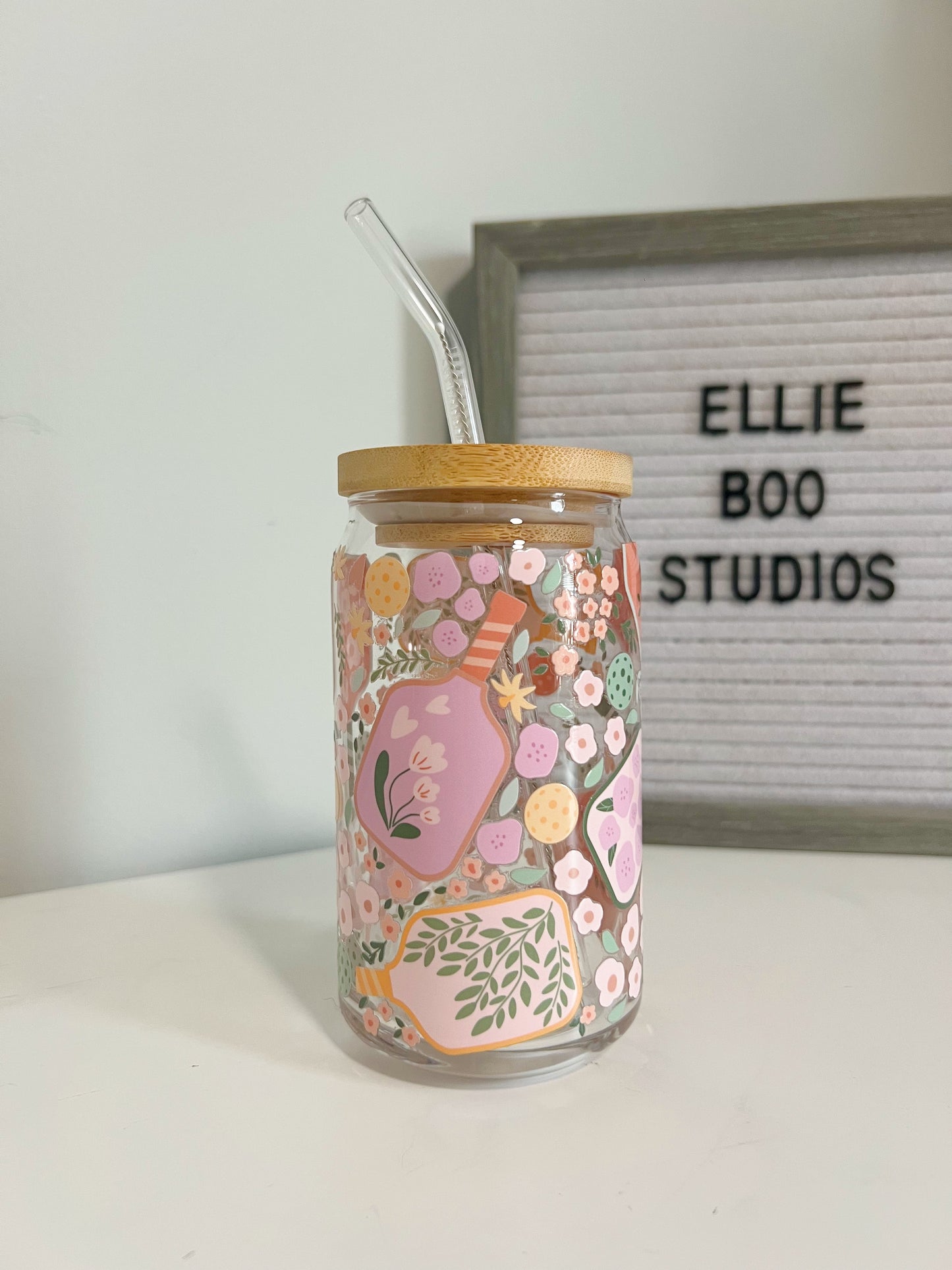 16oz Floral Pickleball Glass Can Cup