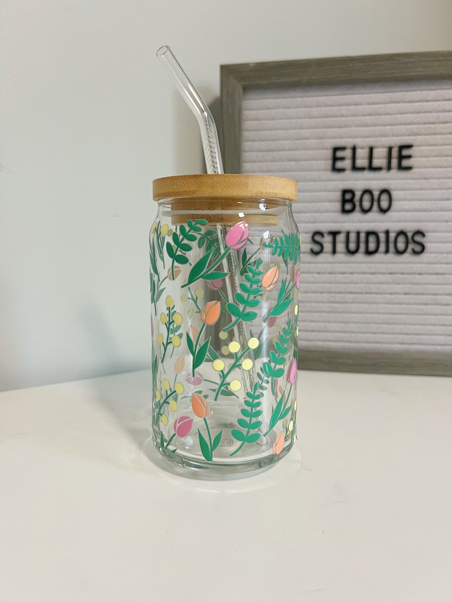 16oz Spring Tulips Glass Can Cup