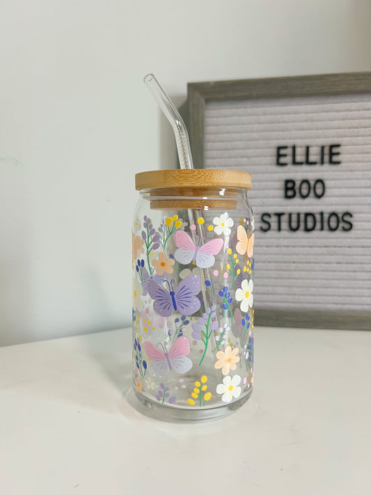 16oz Butterfly Floral Dream Glass Can Cup