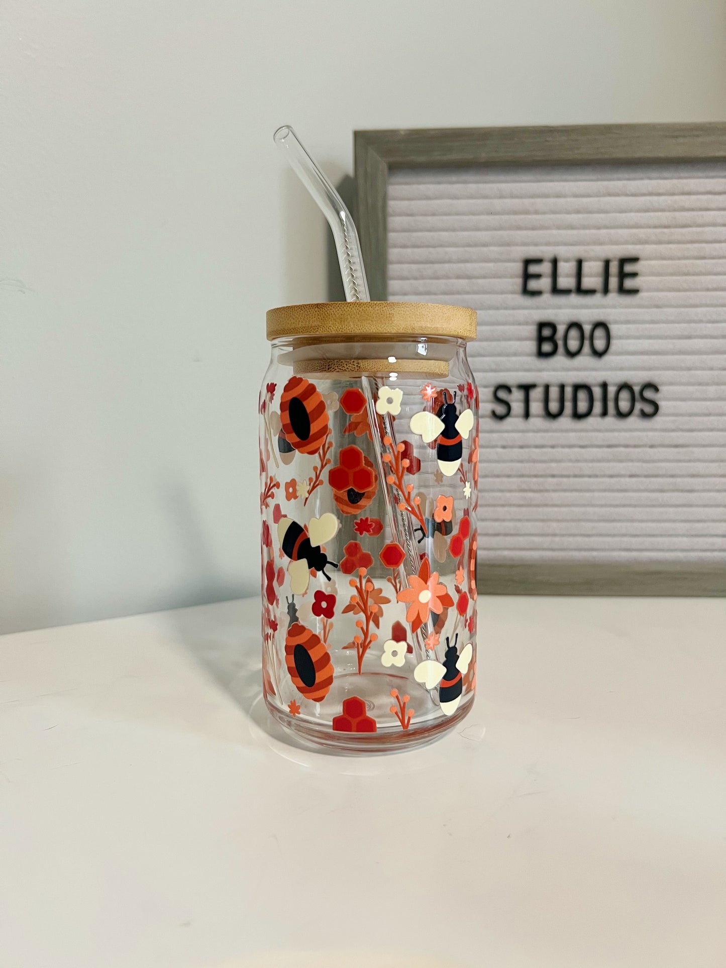 16oz Fall Honey Bee Glass Can Cup