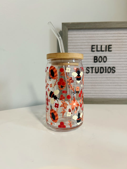 16oz Fall Honey Bee Glass Can Cup