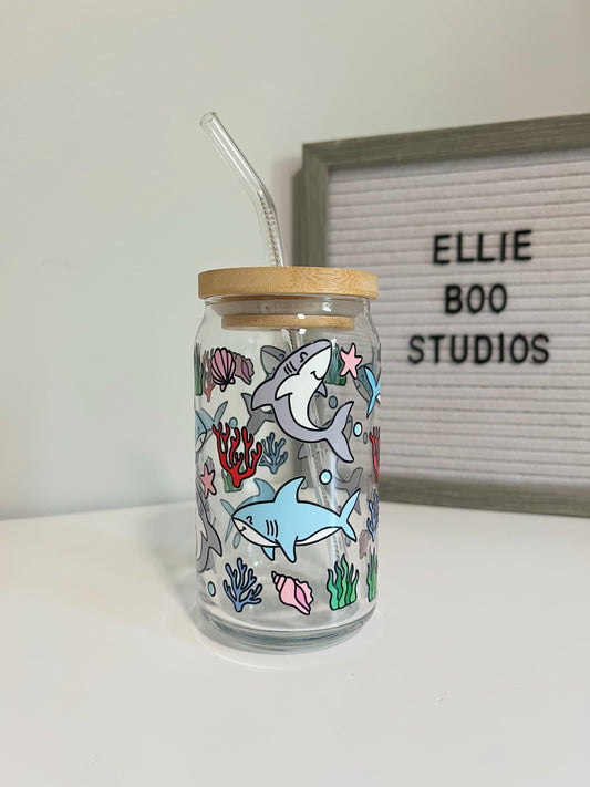 16oz Sharks Glass Can Cup