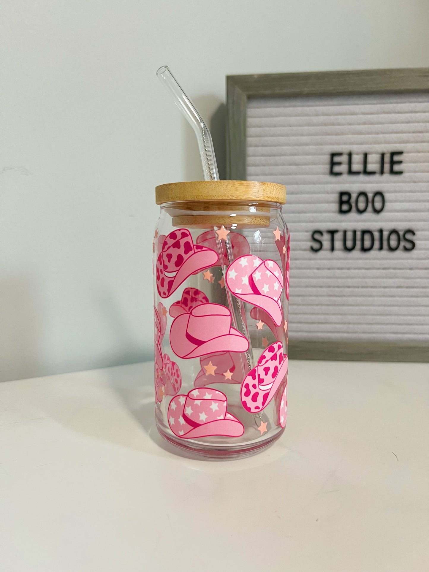 16oz Pink Cowgirl Hats Glass Can Cup