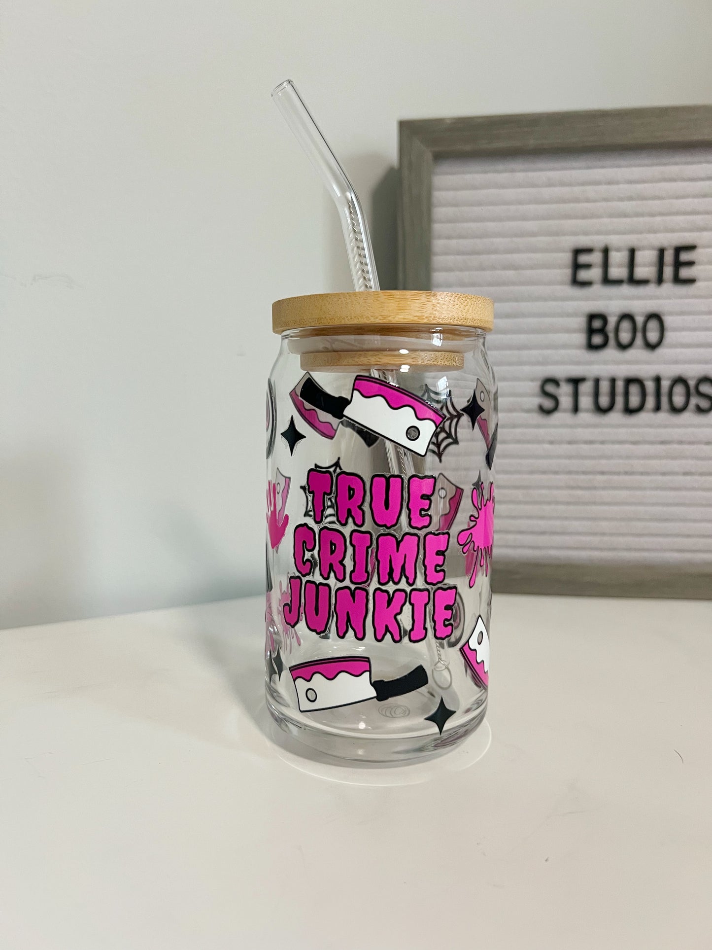 16oz True Crime Junkie Glass Can Cup
