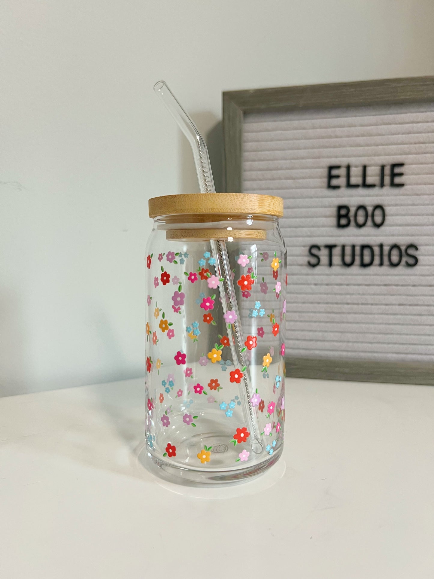 16oz Mini Flowers Glass Can Cup