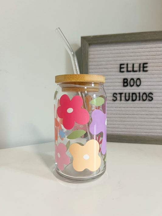 16oz Colorful Funky Flowers Glass Can Cup