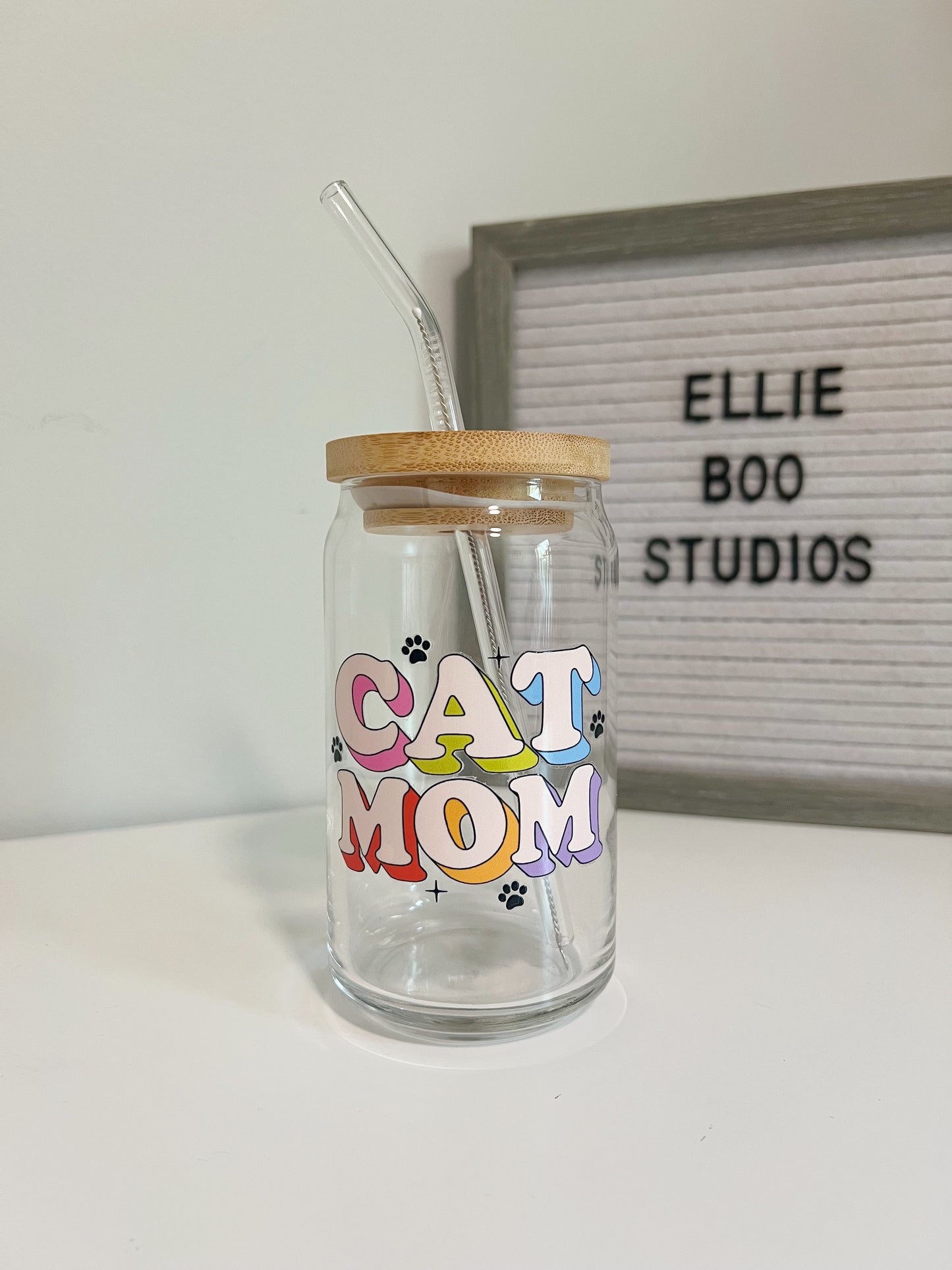 16oz Cat Mom Glass Can Cup