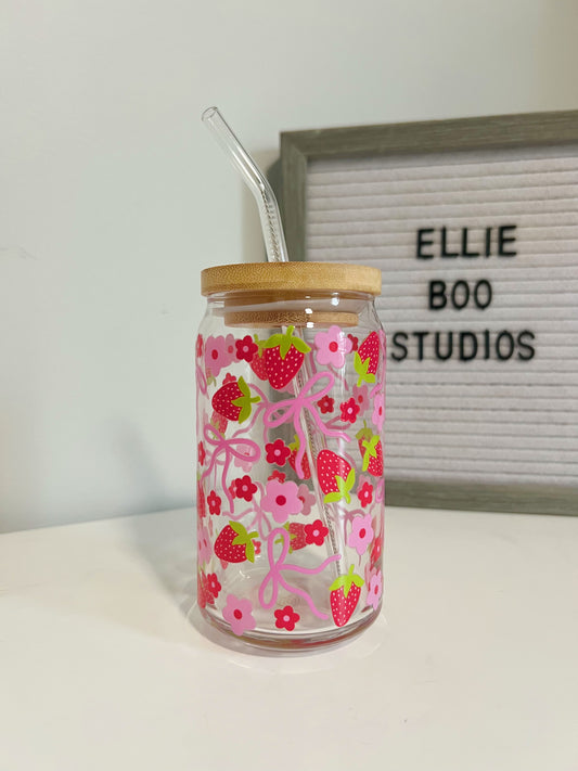 16oz Strawberries & Bows Glass Can Cup