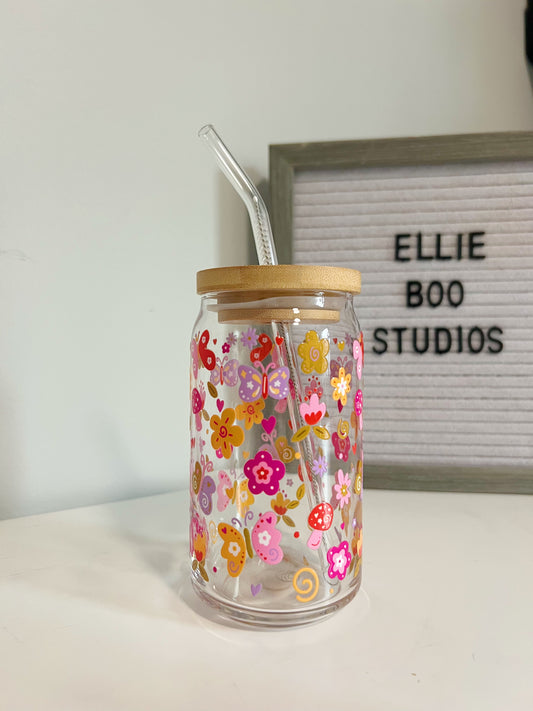 16oz Butterfly & Flower Doodles Can Cup