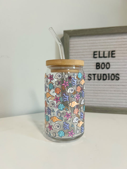 16oz Colorful Tiny Shells Glass Can Cup