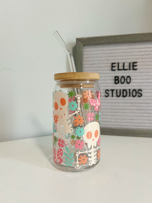 16oz Floral Skeleton Glass Can Cup