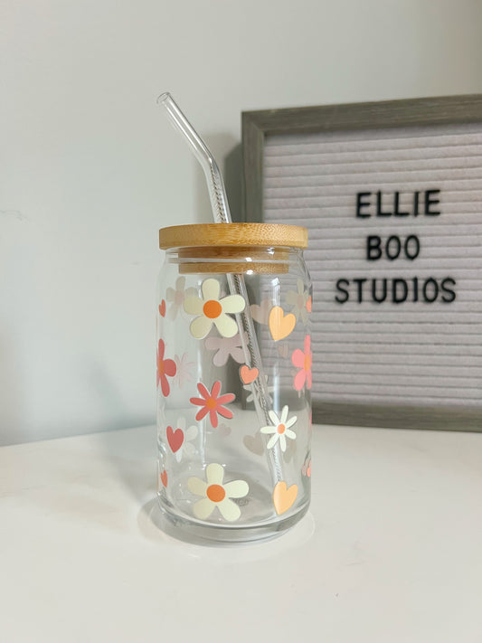 16oz Spring Flowers & Hearts Glass Can Cup