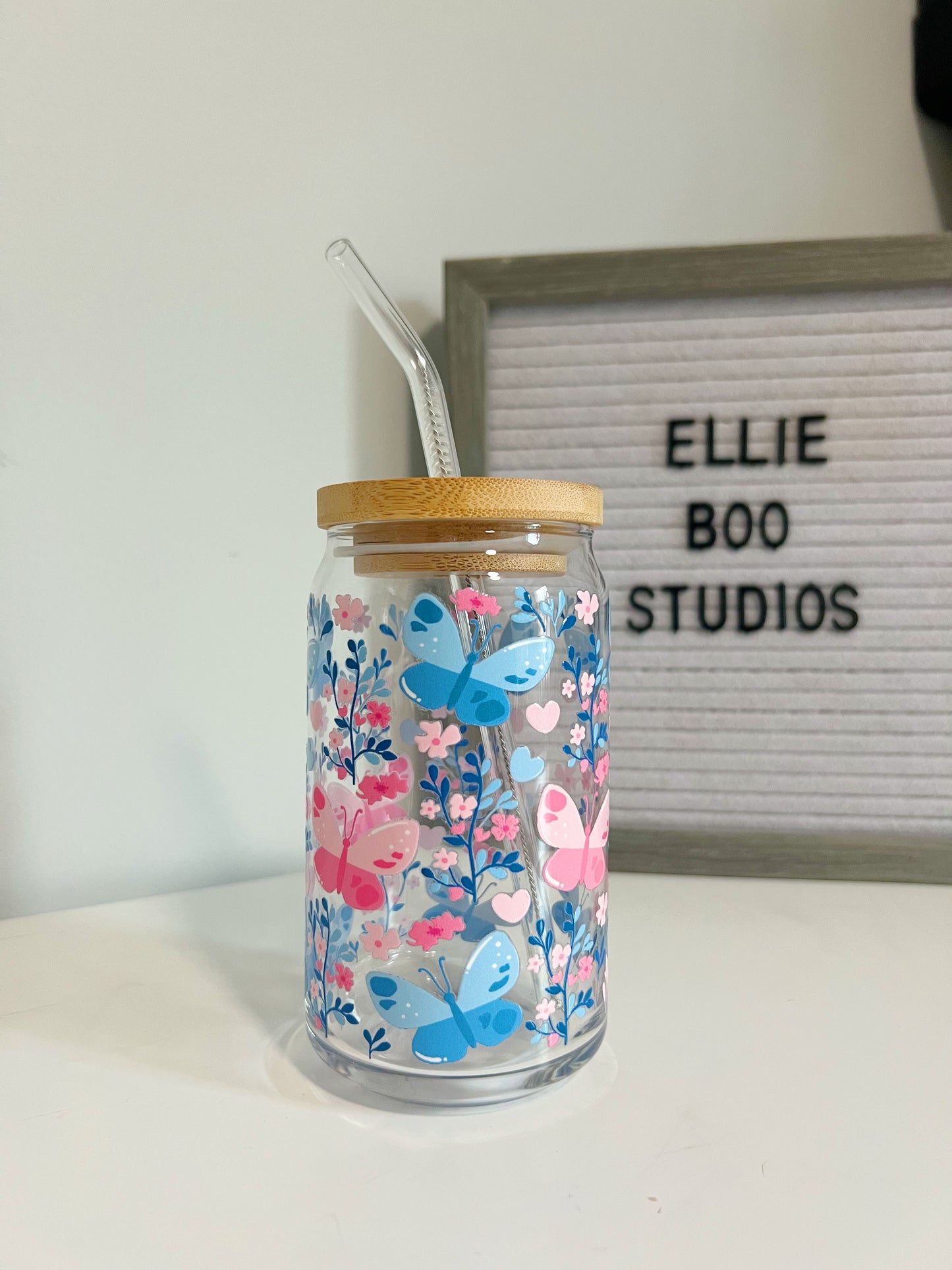 16oz Floral Flutter Glass Can Cup