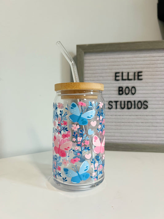 16oz Floral Flutter Glass Can Cup
