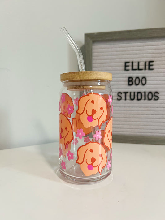 16oz Golden Retriever Daisy Glass Can Cup